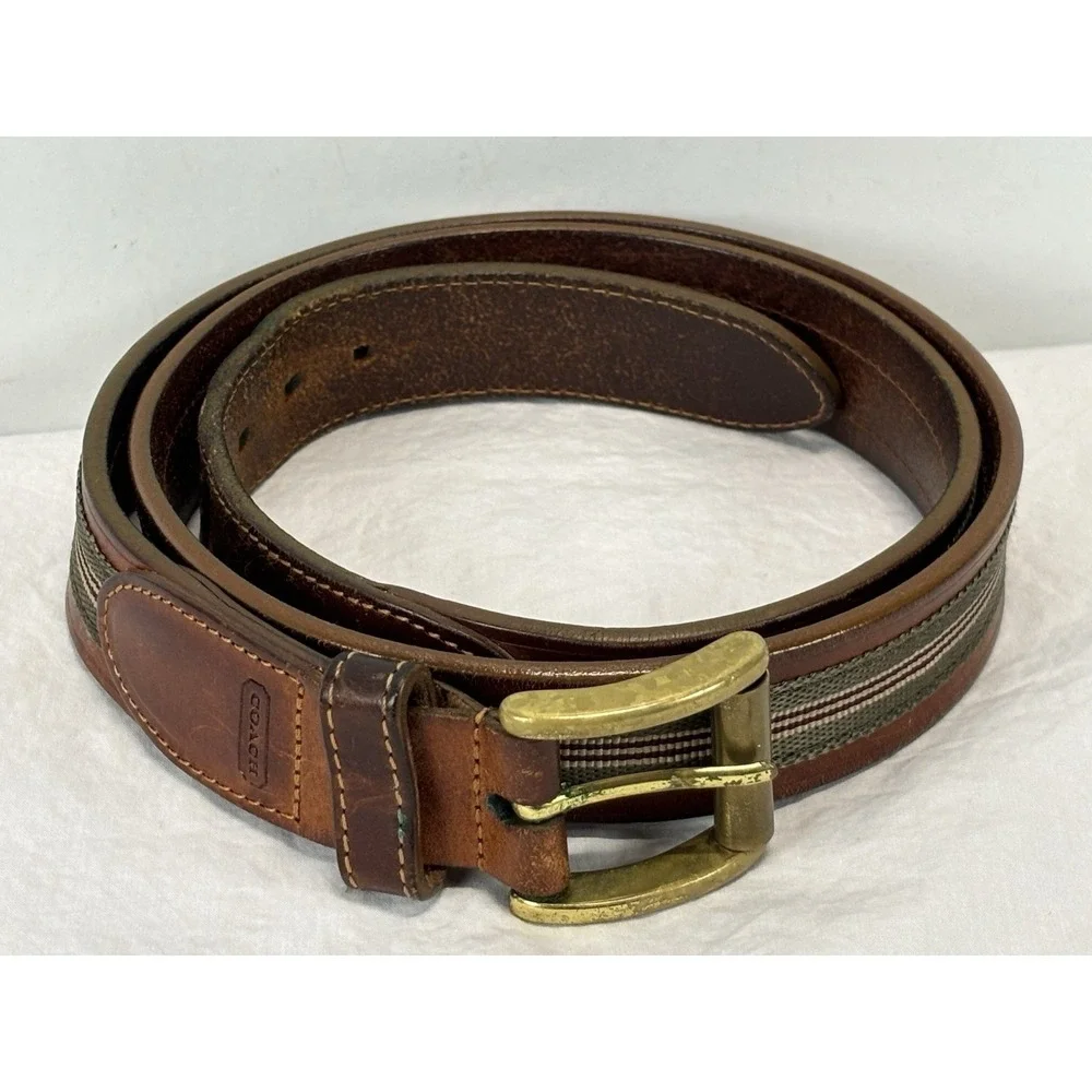 Vtg Coach Brown Leather & Grosgrain Ribbon Belt Men's 40 Made Italy